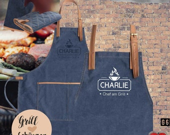 Personalisierte Canvas Grillschürze im Vintagelook | Latzschürze mit Name | Geschenk für den Mann am Grill