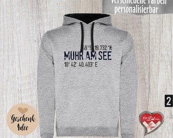 Hoodie mit Ortsname und Koordinaten | Städteshirt | Kapuzenpulli mit Heimatort