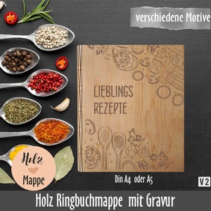 Personalisierter Holz Rezeptordner Din A4 oder Din A5 mit vollflächigem Motiv Holzmappe mit Gravur Bild 1