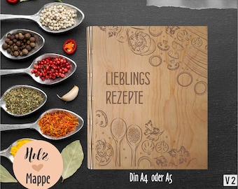 Personalisierter Holz Rezeptordner Din A4  mit vollflächigem Motiv | Holzmappe mit Gravur