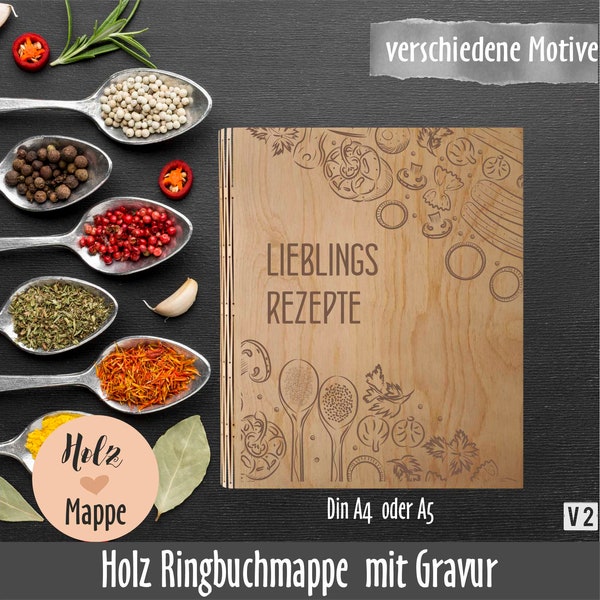 Personalisierter Holz Rezeptordner Din A4 oder Din A5 mit vollflächigem Motiv | Holzmappe mit Gravur