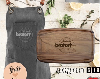 Personalisierte Vintage Grillschürze mit Tranchierbrett aus dunklem Holz;