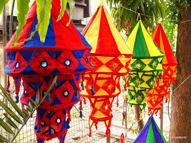 6 pcs Lanterns Cotton Fabric Lampshades Boho style Colorful Hangings Decor Diwali Lamp Hippie Tent Hanging Garden Chandel