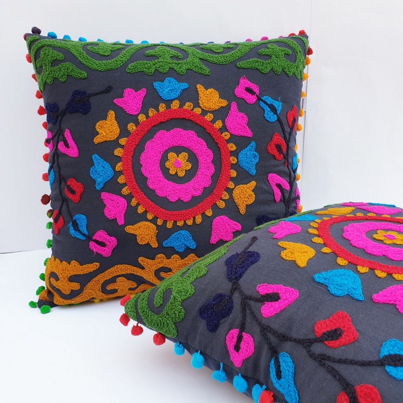 Lot of 10 Cushion Covers Suzani Cushion Cover Indian Handmade Cotton Cushion Cases Wool Embroidered Gift for him or her Interior Decor 16