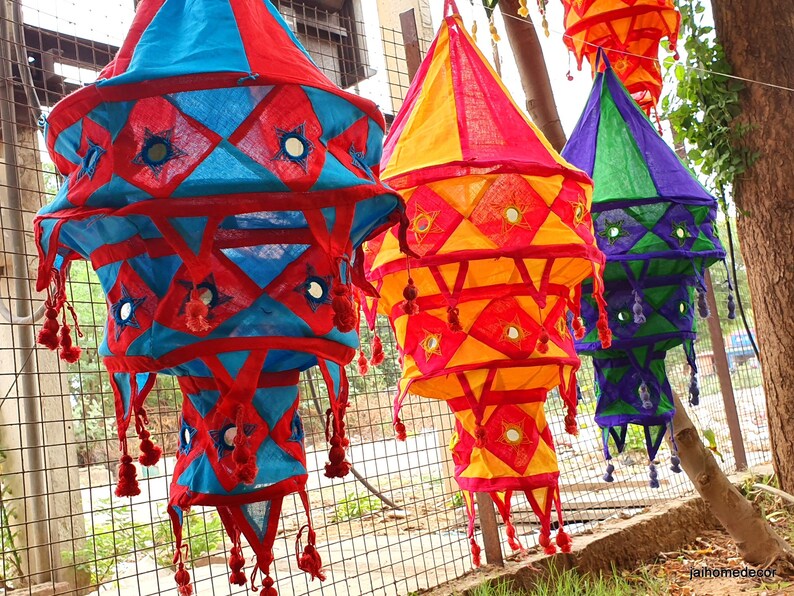6 pcs Lanterns Cotton Fabric Lampshades Boho style Colorful Hangings Decor Diwali Lamp Hippie Tent Hanging Garden Chandel