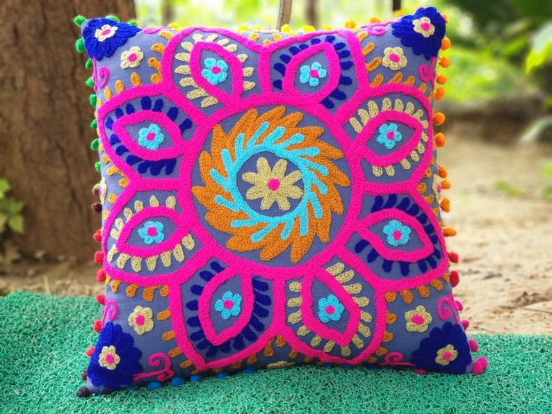 Lot of 10 Cushion Covers Suzani Cushion Cover Indian Handmade Cotton Cushion Cases Wool Embroidered Gift for him or her Interior Decor 16