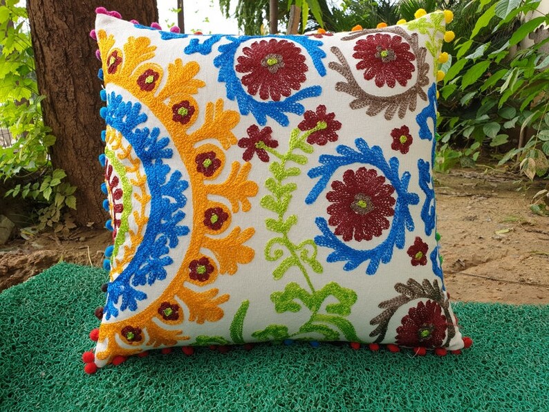 Lot of 10 Cushion Covers Suzani Cushion Cover Indian Handmade Cotton Cushion Cases Wool Embroidered Gift for him or her Interior Decor 16