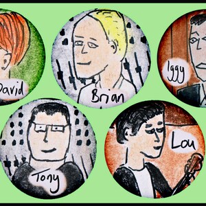 May include: Five circular illustrations of men with names: David, Brian, Iggy, Tony, and Lou. Each portrait is in a different color scheme, with a green background. The style is reminiscent of a cartoon or sketch.