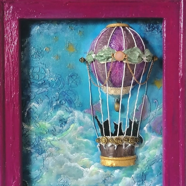 Wandbild Heissluftballon und Katzen, Wanddeko, Wohndeko,Collage,Mixed Media,handgemalt,Acryl auf Leinwand, Original, Unikat.