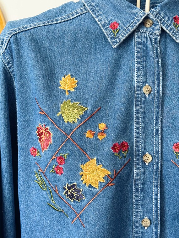 Vintage denim shirt/ blouse with fall leaves embr… - image 2