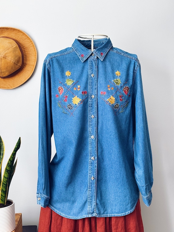 Vintage denim shirt/ blouse with fall leaves embr… - image 1