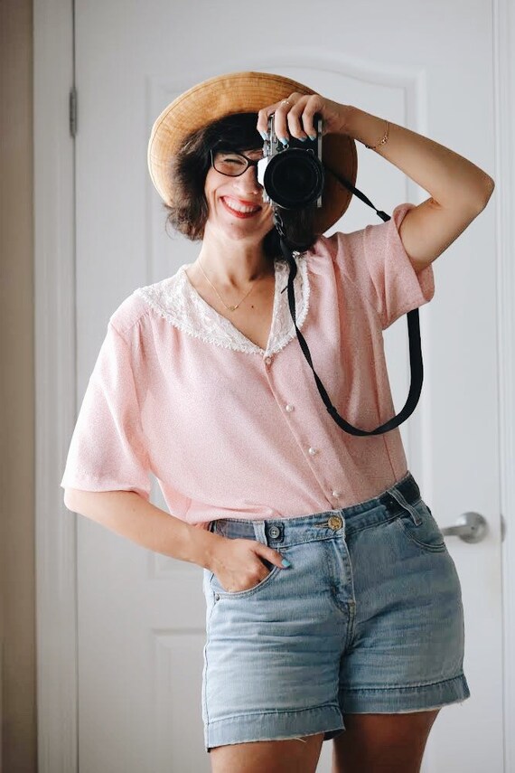 Vintage romantic pink blouse with lace collar.