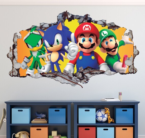 Mario Bros Friends Wall Decal Sonic The Hedgehog 3d Smashed Decor Art Kids Sticker Vinyl Mural Personalized Gift