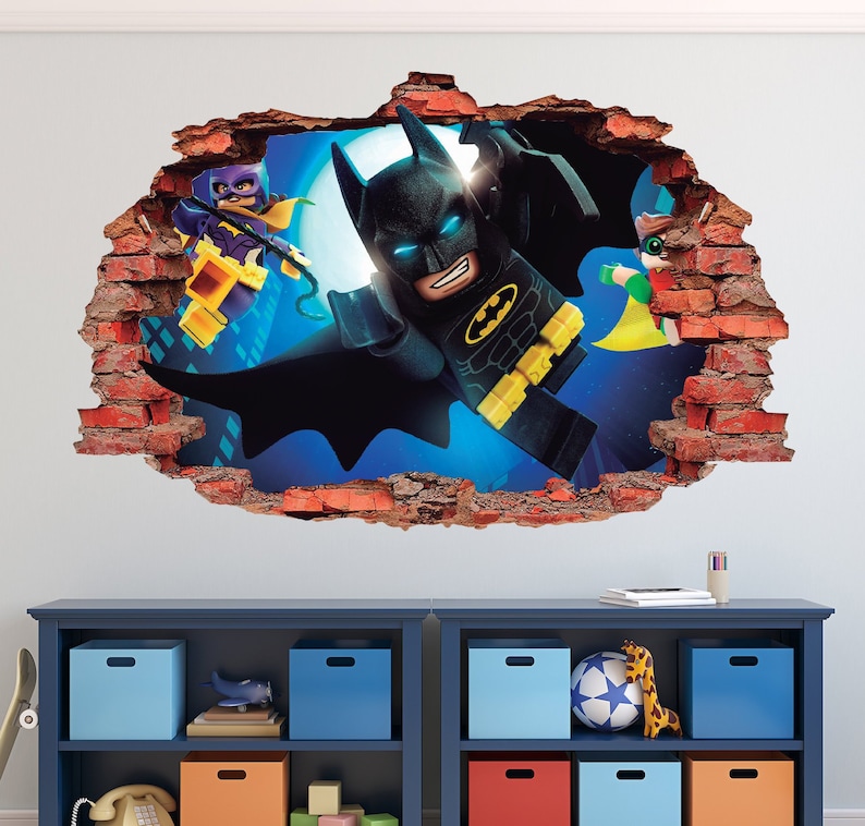 Movie 3D Brick Smashed Decor Art Kids Sticker Vinyl Mural Custom Gift Batman Wall Decal