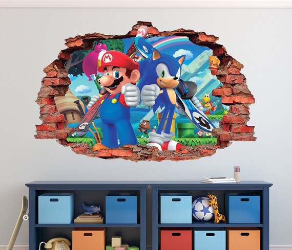 Mario Bros And Sonic Wall Decal Sonic The Hedgehog 3d Brick Smashed Decor Kids Sticker Vinyl Mural Custom Gift