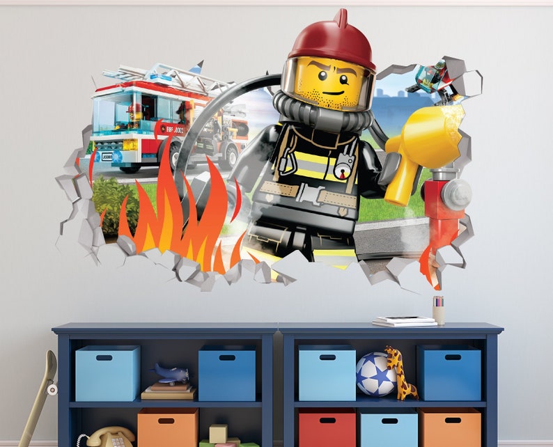FireFighter City Wall Decal 3D Smashed Decor Art Kids Sticker Vinyl Mural Custom Nursery Gift