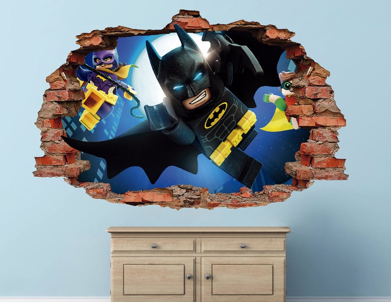Movie 3D Brick Smashed Decor Art Kids Sticker Vinyl Mural Custom Gift Batman Wall Decal