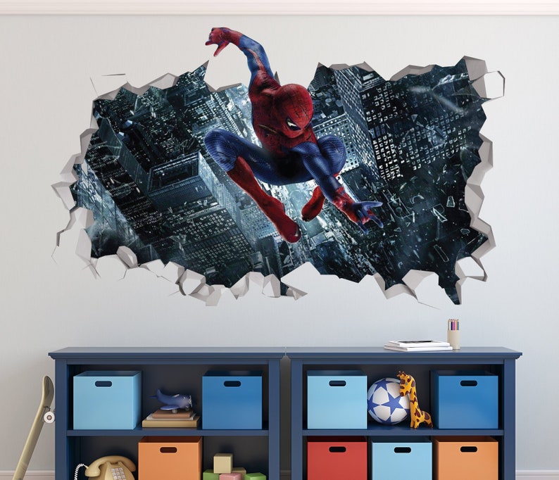 Spiderman Wall Decal 3d Smashed Sticker Decor Art Kids Vinyl Mural Custom Gift