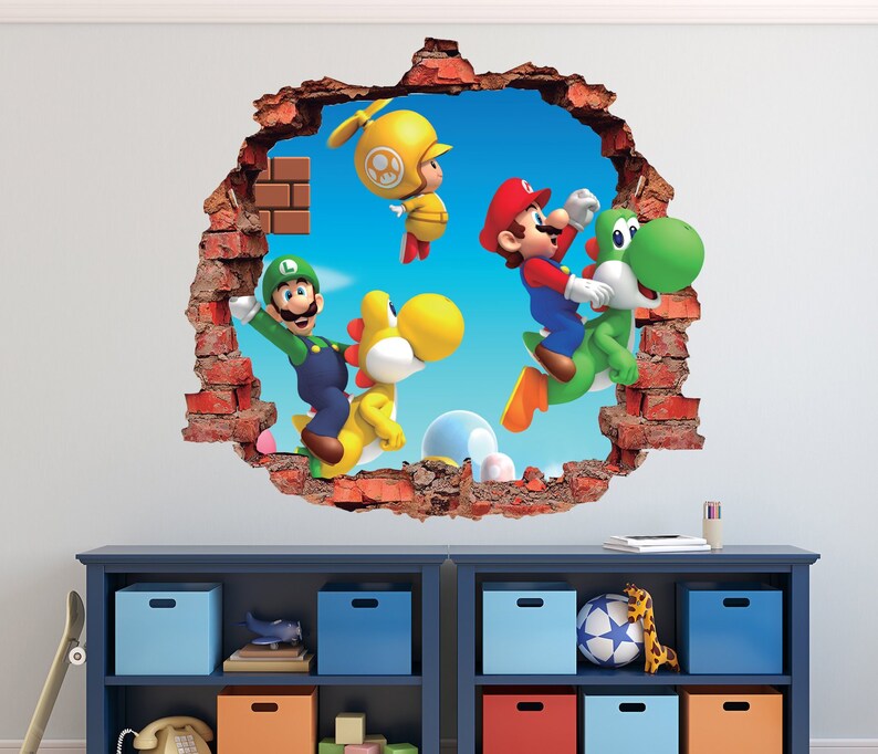 Mario Bros Wall Decal Super World 3d Brick Smashed Decor Art Kids Luigi Sticker Vinyl Mural Custom Gift