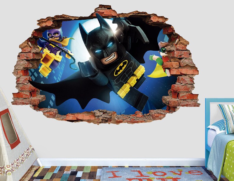 Movie 3D Brick Smashed Decor Art Kids Sticker Vinyl Mural Custom Gift Batman Wall Decal