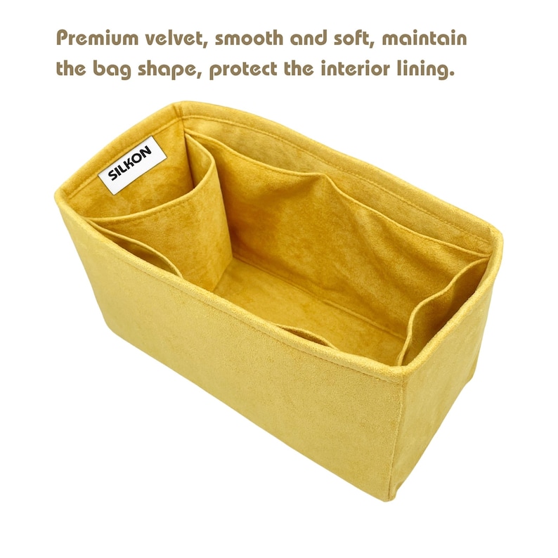 May include: Yellow velvet bag organizer with multiple compartments. The organizer has the text "SILKON" on a white label. The text in the image reads "Premium velvet, smooth and soft, maintain the bag shape, protect the interior lining."