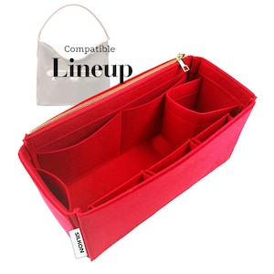 May include: A bright red felt handbag organiser insert featuring multiple interior compartments and a gold-tone metal zip closure. A white fabric tag with the text SILKON is attached to the side. A small graphic shows a bag with the text Compatible Lineup.