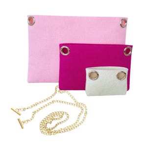 Kirigami Pochette Einsätze, mit O-Ringen und goldener Crossbody-Kette, Organizer in Cross Body Geldbörse umwandelbar, Monogramm und Frühling in der Stadt