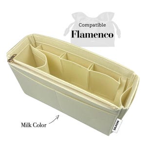 May include: A cream-coloured bag organiser with several compartments and a gold zip. The text "Compatible Flamenco" is displayed above the organiser. The organiser is designed to fit inside a bag.