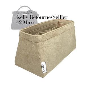 May include: Beige handbag organiser with multiple compartments, labelled "SILKON". The text "Compatible Kelly Retourne/Sellier 42 Maxi" is visible in the background. The organiser is designed to fit inside a handbag.