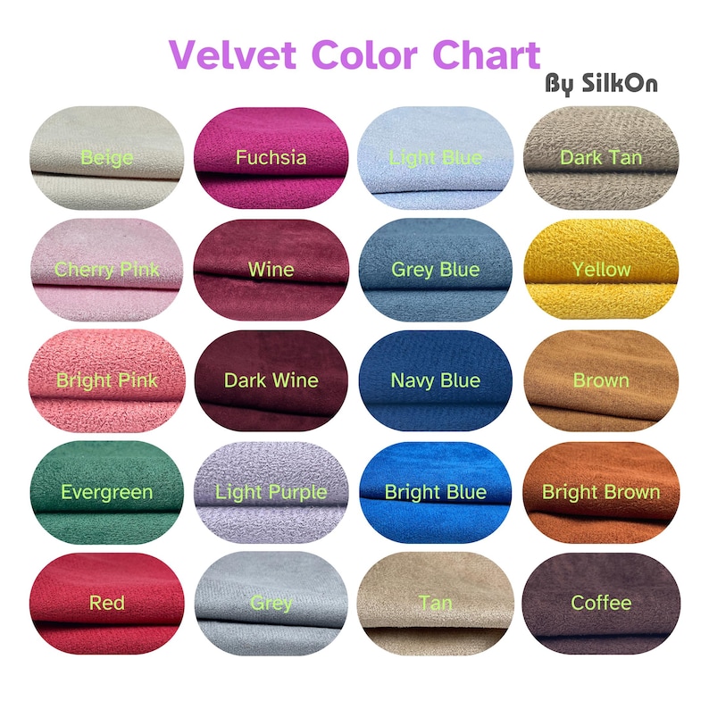 May include: A velvet color chart displays swatches in various colors, including beige, fuchsia, light blue, and dark tan. Other colors include cherry pink, wine, grey blue, yellow, bright pink, dark wine, navy blue, and brown.