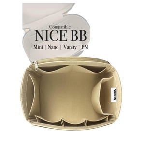 May include: Beige handbag organizer with multiple compartments and pockets. The organizer is designed to fit inside a handbag and features the text "Compatible NICE BB Mini | Nano | Vanity | PM". The organizer has a zipper closure and a label that says "SILKON".
