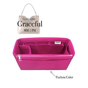 May include: A fuchsia bag organiser with multiple compartments and a gold zip. The organiser is designed to fit inside a handbag. The image also shows a handbag with the text "Compatible Graceful MM | PM". The text "SILKON" is visible.