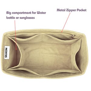 May include: Beige handbag organizer with multiple compartments and a metal zipper pocket. Features a large compartment for a water bottle or sunglasses. The organizer has a "SILKON" label.