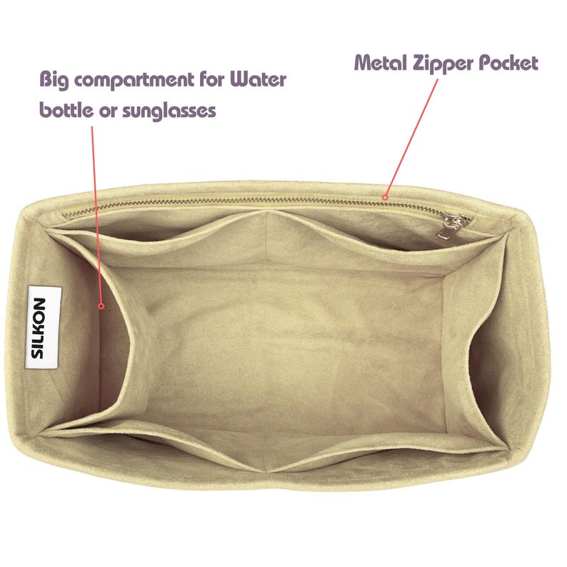 May include: Beige handbag organizer with multiple compartments and a metal zipper pocket. Features a large compartment for a water bottle or sunglasses. The organizer has a "SILKON" label.