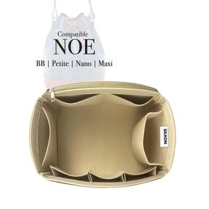 May include: Beige felt handbag organiser with multiple compartments and a zipped top. The organiser is designed to fit inside a NOE bag, with the text "Compatible NOE" and "BB | Petite | Nano | Maxi" printed on the image.
