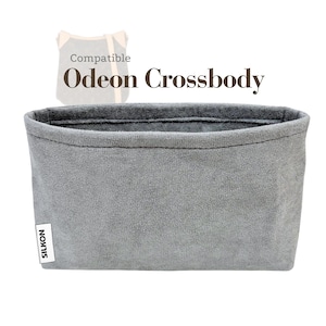 May include: A gray, rectangular bag organizer with the text "Compatible Odeon Crossbody". The organizer has a soft, textured appearance and a contrasting dark gray trim. A white label with the text "SILKON" is attached to the side.