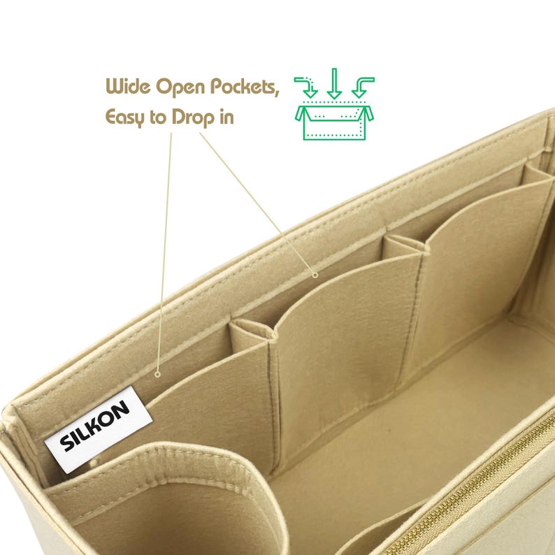 May include: Beige felt bag organizer with multiple pockets and a zippered closure. The organizer has the text "Wide Open Pockets, Easy to Drop in" and the brand name "SILKON". The design includes a graphic of a box with arrows.