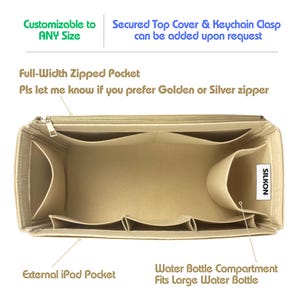 May include: Beige handbag organizer with multiple compartments, including a full-width zipped pocket and an external iPad pocket. Features a water bottle compartment and the text "Customizable to ANY Size". Includes the text "Secured Top Cover & Keychain Clasp can be added upon request".