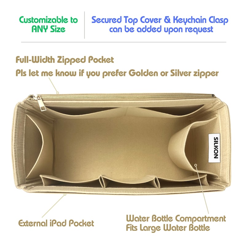 May include: Beige handbag organizer with multiple compartments, including a full-width zipped pocket and an external iPad pocket. Features a water bottle compartment and the text "Customizable to ANY Size". Includes the text "Secured Top Cover & Keychain Clasp can be added upon request".