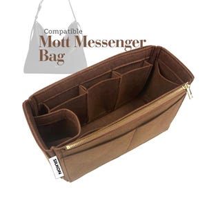 May include: A brown felt bag organizer with multiple compartments and a gold zipper. The text "Compatible Mott Messenger Bag" is visible. The organizer has a label that says "SILKON".