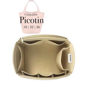May include: Beige handbag organiser with multiple compartments and pockets. Designed to fit inside a Picotin handbag, sizes 18, 22, and 26. The organiser has a zip closure and a label that says "SILKON".