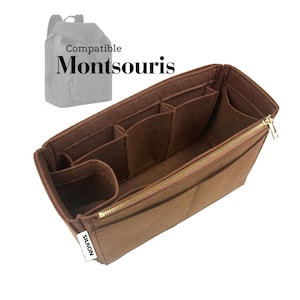 May include: A brown felt bag organizer with multiple compartments and a gold zipper. The organizer is designed to fit inside a backpack, with the text "Compatible Montsouris" visible in the image.