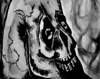 Pintura original de calavera: arte acrílico sobre lienzo de terror gótico (8x10)
