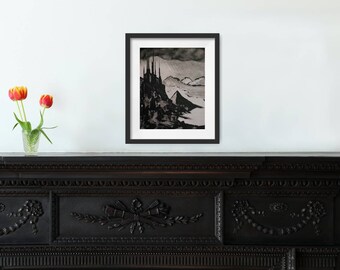 Original Gothic Castle Painting, Dark Fantasy Art (8x10)