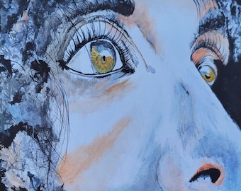 Rostro de mujer abstracto con ojos grandes y brillantes, pintura original sobre lienzo