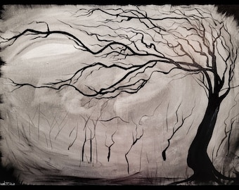 Original Tree Acrylic Painting, Abstract Landscape Wall Art (18x24)
