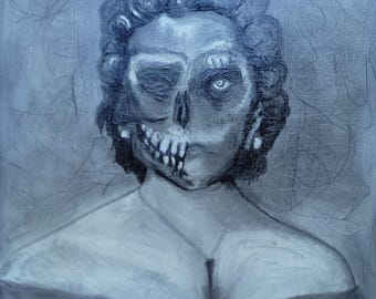 May include: A monochrome painting of a person with a skull-like visage on one side of their face. The other half of the face is intact, with a single visible eye. The person wears a dark dress and a cross pendant necklace.