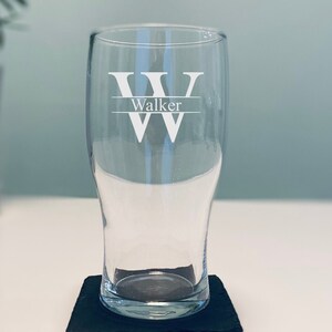 Engraved Monogram Pint Glass With Coaster Engraved Beer Glass Beer Drinker Personalised Gift Ale Glass Etched Beer Glass Monogram Design