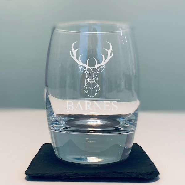 Engraved Stag Head Whisky Tumbler Heavy Base Personalised Whiskey Glass With Coaster Engraved Whisky Drinker Gift Deer Buck Stag Head Design