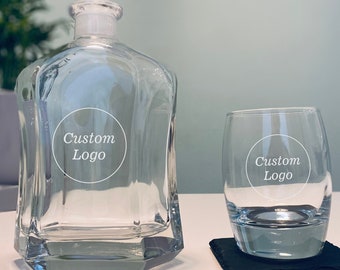 Custom Logo Engraved Italian-Crafted Glass Whiskey Decanter Tumbler & Coaster Set